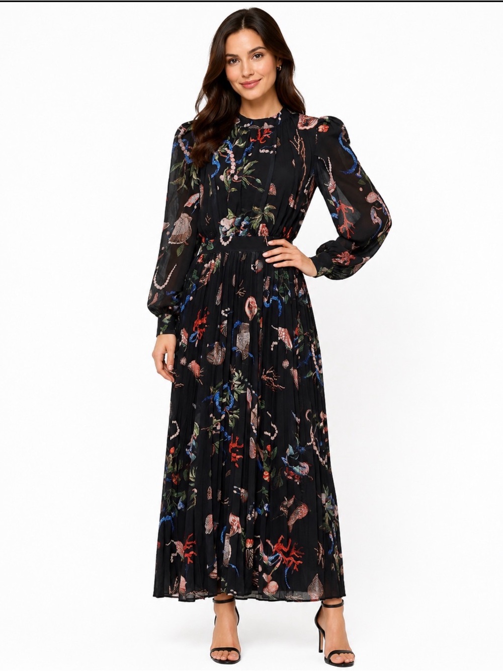 Black Floral & Nature-Print Pleated Maxi Dress